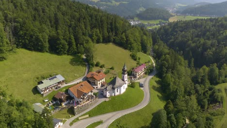 Birds-Eye-Aerial-View-of-Maria-Gern-Pilgrimage-Church-in-Upper-Bavaria,-Germany