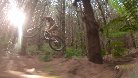 Kid-on-mountain-bike-going-downhill-in-forest-track-with-bright-sunlight