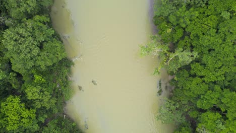 Drone-aerial-footage-of-river-Rio-Cahabon-near-Semuc-Champey-National-Park-in-Guatemala-lined-by-bright-green-rainforest-trees