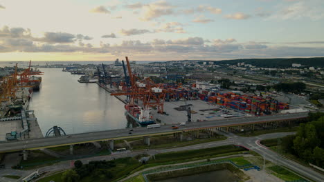 Cargo-sea-port-at-Gdynia-Harbor-with-large-cranes,-Poland-shipping-terminal