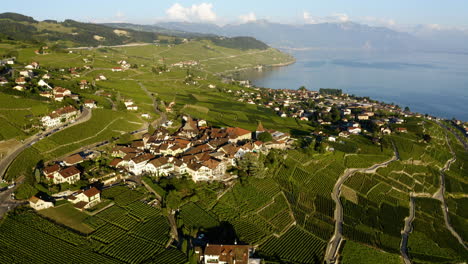 Casas-En-El-Pueblo-De-Grandvaux-Con-Vistas-Panorámicas-De-Exuberantes-Viñedos-Verdes-Y-El-Lago-De-Ginebra-En-Suiza
