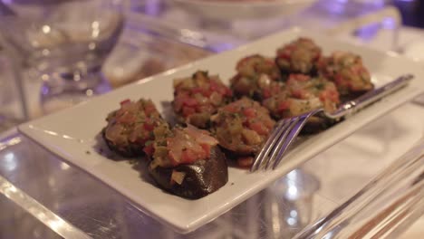 Close-up-view-of-a-delicious-eggplant-appetizers-served-in-a-plate-at-a-wedding-party