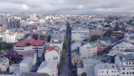 Laugavegur-shopping-street,-City-center-in-downtown-Reykjavik,-aerial