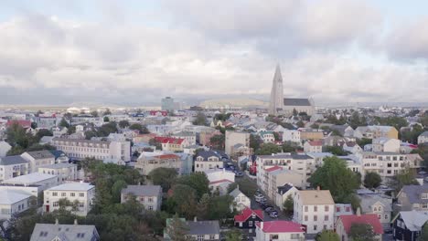 City-of-Reykjavik-with-popular-tall-landmark-Hallgrimskirkja-church,-aerial