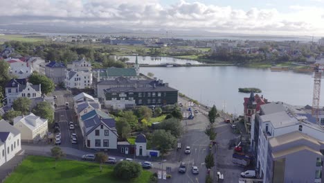 Traditional-urban-scenery-in-Downtown-Reykjavik-with-lake-Tjörnin,-aerial