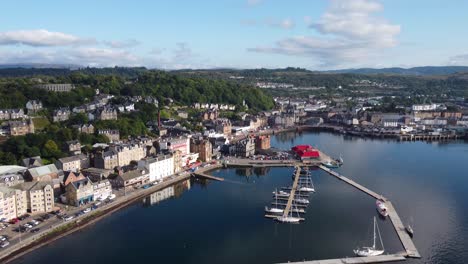 Oban-Harbour-Lake,-Seaside-Town-on-West-Coast-of-Scotland,-Aerial-Drone-4K-HD-Footage-Flying-In