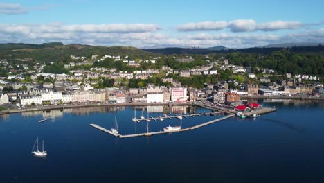 Oban-Harbour-Lake,-Seaside-Town-on-West-Coast-of-Scotland,-Aerial-Drone-4K-HD-Footage-Full-View-Rising-up