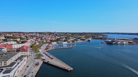 Aerial-View-Of-Transit-Station-At-The-Pier-In-Lysekil,-Bohuslan,-Sweden