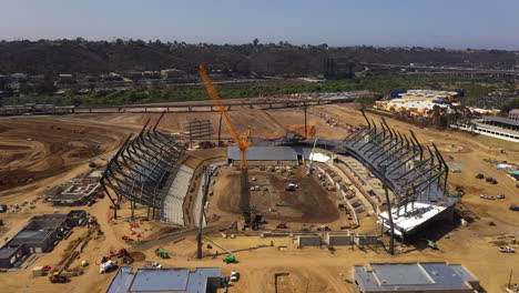 Commercial-arena-construction-in-San-Diego.-Drone-ascend