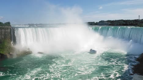 Gorgeous-view-of-a-boat-tour-in-the-base-of-the-powerful-falls-in-Niagara,-Ontario