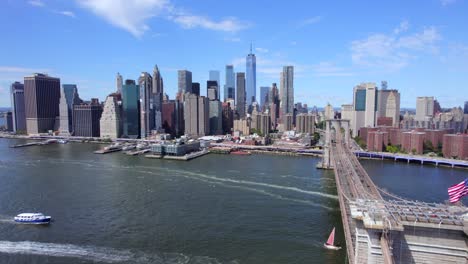 September-2021---4K-aerial-of-lower-Manhattan-from-the-East-River,-NYC,-USA