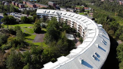 Drone-Aerial-View-of-Tycho-Brahes-Gata,-Bergsjon,-Gothenburg,-Modern-Residential-Neighborhood-on-Sunny-Summer-Day