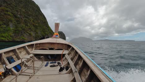 The-Bow-of-a-Longtail-Boat-Navigating-to-Koh-Phi-Phi-Leh-Islands-in-Krabi,-Thailand