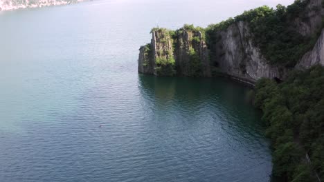 Nice-drone-shot-of-Iseo-lake,-Bay-of-the-bogn-near-Lovere-city-,-Bergamo-,Italy