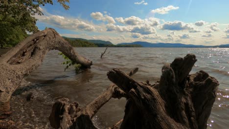 A-time-lapse-of-the-beautiful-hudson-river-in-new-york's-hudson-valley-during-early-autumn-on-a-sunny-day-with-blue-skies-and-beautiful-clouds-with-driftwood