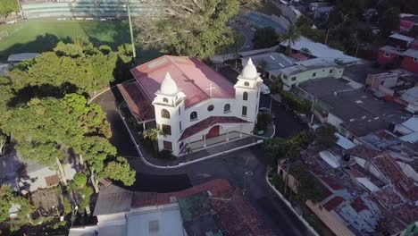 Aerial-View-of-Our-Lady-of-Guadalupe-Catholic-Church-In-Santa-Tecla,-El-Salvador