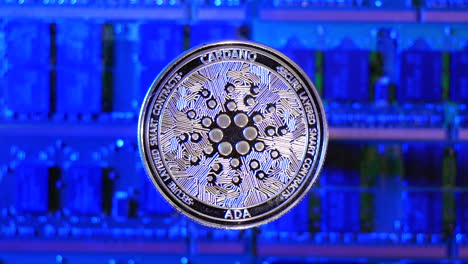 A-Cardano-ADA-crypto-currency-coin-hovering-over-a-mining-rig-of-computer-chips-and-electric-energy-passing-through