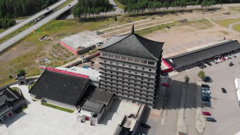 Rooftop-View-of-Dragon-Gate,-Chinese-Center-in-Sweden,-Aerial