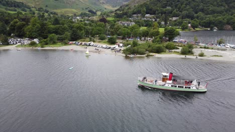 Steamer-approaching-Glenridding-,-Ullswater-,Lake-District-Cumbria-UK-Drone-footage
