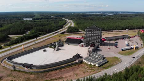 Aerial-View-of-Dragon-Gate-the-Unfinished-Business-and-Cultural-Center,-Sweden