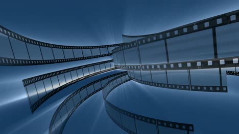 Celluloid-film-strip-on-blue-background-rotating-around-an-imaginary-spool