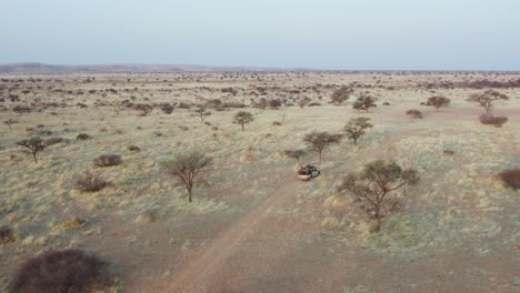 Amplia-órbita-Aérea-Sobre-Safari-Jeep-Conduciendo-Turistas,-Namibia,-áfrica