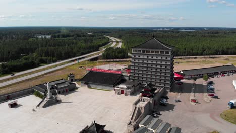 Dragon-Gate,-Chinese-Business-and-Culture-Center-in-Sweden,-Aerial-Backward