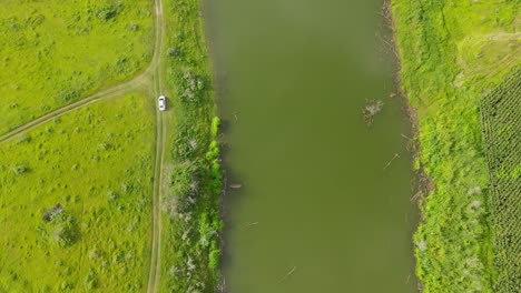 Aerial-footage-of-a-canal,-source-of-water-for-farms-in-Saraburi,-Thailand