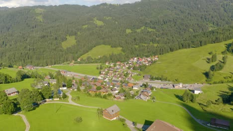 Flying-Away-from-Alpine-Village-in-Europe