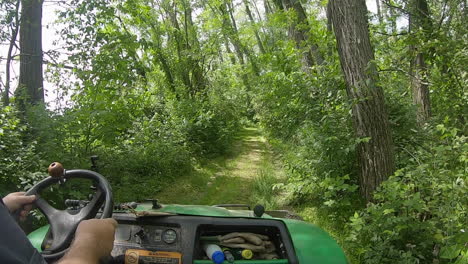 View-of-hands-and-steering-wheel-of-a-man-driving-a-UTV-on-a-grassy-trail-through-lush-woods-along-a-fence-row