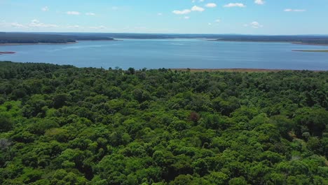 Aerial-drone-view-of-a-lush-rainforest-and-a-large-lake-in-the-heart-of-Misiones,-Argentina-on-a-sunny-day