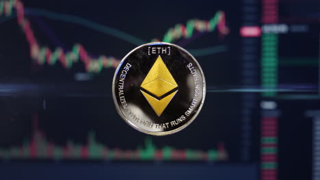 Ethereum-ETH-crypto-currency-coin-hovering-in-front-of-trading-charts-with-light-energy-passing-through