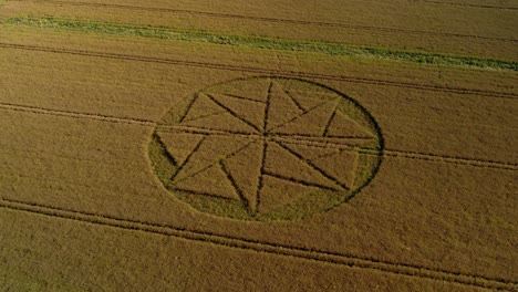 Wheat-field-crop-circle-farmland-vegetation-aerial-right-rotation-view-Stanton-St-Bernard-Wiltshire