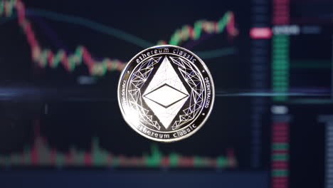 Ethereum-Classic-ETC-crypto-currency-coin-hovering-in-front-of-trading-charts-with-light-energy-passing-through