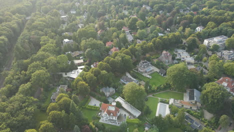 Aerial-of-luxurious-mansions-in-a-rich,-green-neighborhood