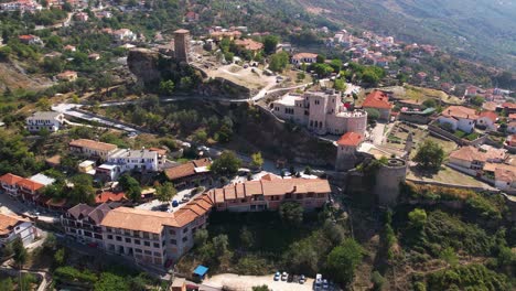 Castle-neighborhood-of-Kruja-in-Albania,-stone-walls-of-fortress-and-historic-museum-of-Skanderbeg