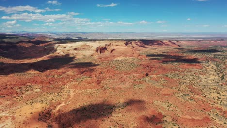 Cinematic-shot-,-aerial-view-of-the-rugged-cliffs-and-desert-landscape-of-Utah-near-Moab,-USA