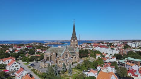 Aerial-View-Of-Lysekil-Church-And-Residential-Houses-In-Vastra-Gotaland,-Sweden