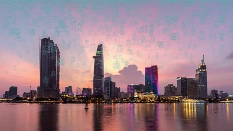 Time-lapse-5G-6g-skyline-metropolitan-smart-cityscape-at-sunset