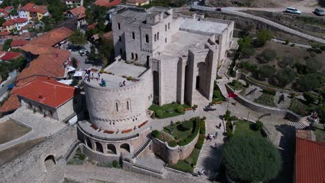 Castle-of-Kruja-in-Albania,-museum-of-Skanderbeg-and-medieval-stone-walls-surrounded-by-bazaar