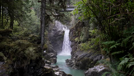 Water-From-Mamquam-Falls-Flowing-Into-Rocky-And-Narrow-Stream-In-Squamish,-BC,-Canada