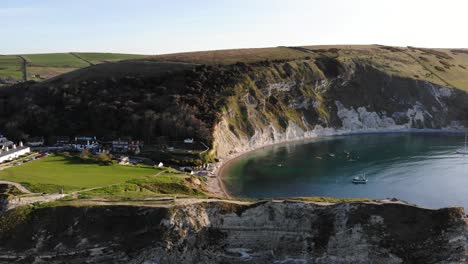 Lulworth-Cove-During-Morning.-Aerial-Dolly-Left