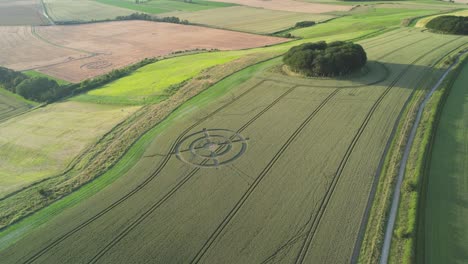 Bizarre-wheat-field-target-crop-circle-design-in-green-Hackpen-hill-rural-scene-aerial-view-pull-away-landscape-reveal