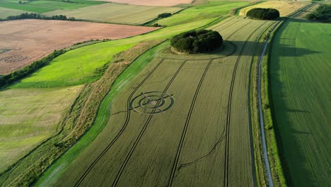 Wheat-field-target-crop-circle-design-in-green-Hackpen-hill-rural-scene-aerial-view-distant-orbit-left-push-in