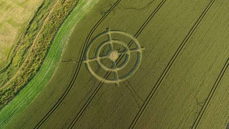 Hackpen-hill-mysterious-wheat-field-crop-circle-design-in-green-furrow-farmland-aerial-high-angle-view-tilt-up-pull-back