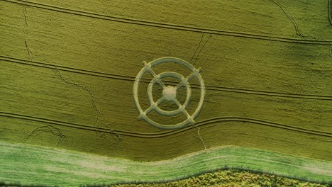 Hackpen-hill-wheat-field-mysterious-crop-circle-design-in-green-furrow-farmland-aerial-top-down-view-rotating
