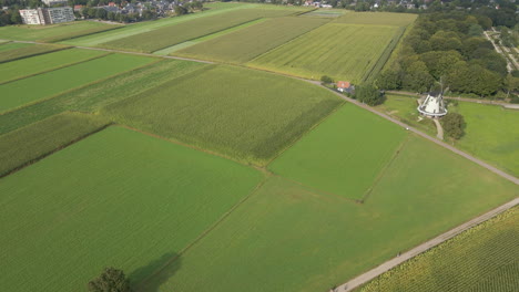 Aerial-of-rural-landscape-with-people-walking-over-path-and-a-spinning-windmill