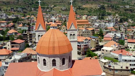 Rising-over-the-beautiful-Saint-Saba-Cathedral-in-Lebanon--Aerial-ascend