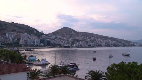 Slow-and-calm-scenery-at-beautiful-harbor-town-of-Saranda-during-early-morning