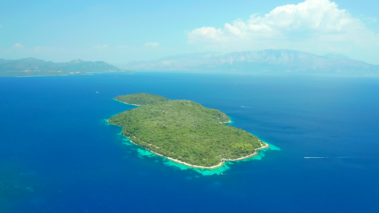 Premium stock video - Nydri lefkada islands aerial reveal boat